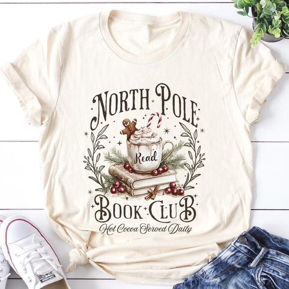 Retro North Pole Book Club Gildan Tee Funny Christmas Book Lover Shirt - Picture 1 of 2
